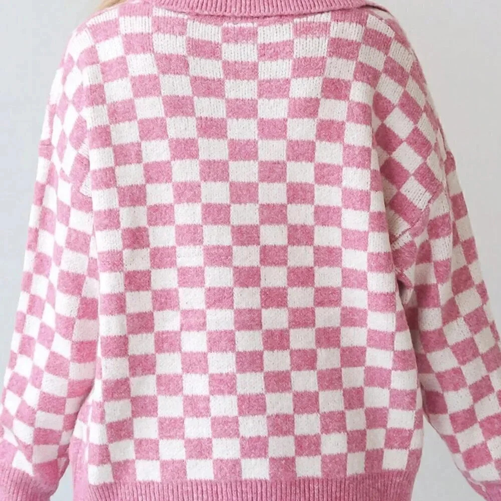 Pink Casual Women's Checkered Buttons Collar V Neck Drop Shoulder Sweater - Picture 4 of 5